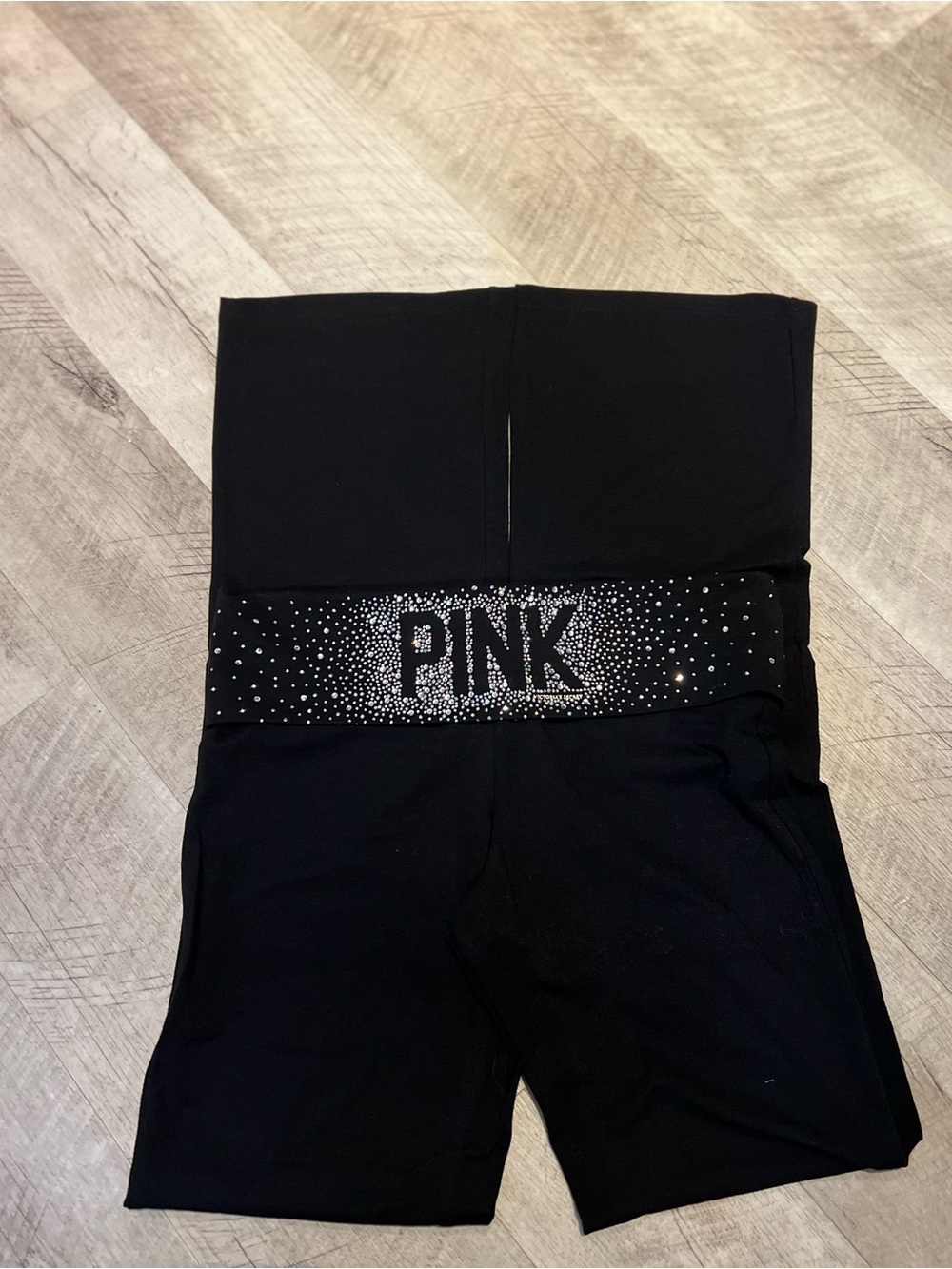Victoria’s Secret PINK Black Fold-Over Leggings Rhinestone Logo Outline
